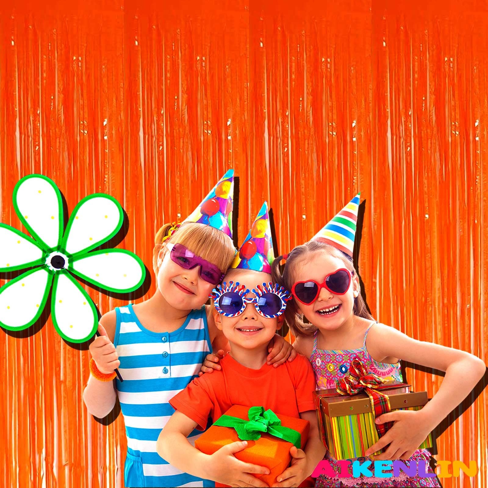 4 PCS Orange Foil Fringe Curtain Backdrop Metallic Tinsel Streamers 3.2×8.2 FT