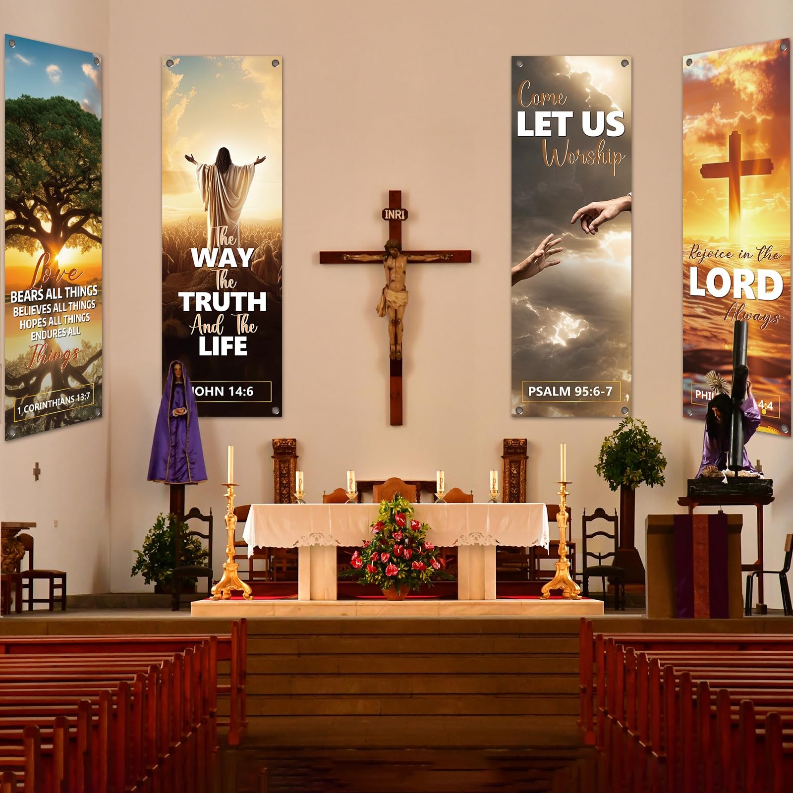 4Pcs Church Banners for Sanctuary Wall Welcome Religious Banners Hanging Back…
