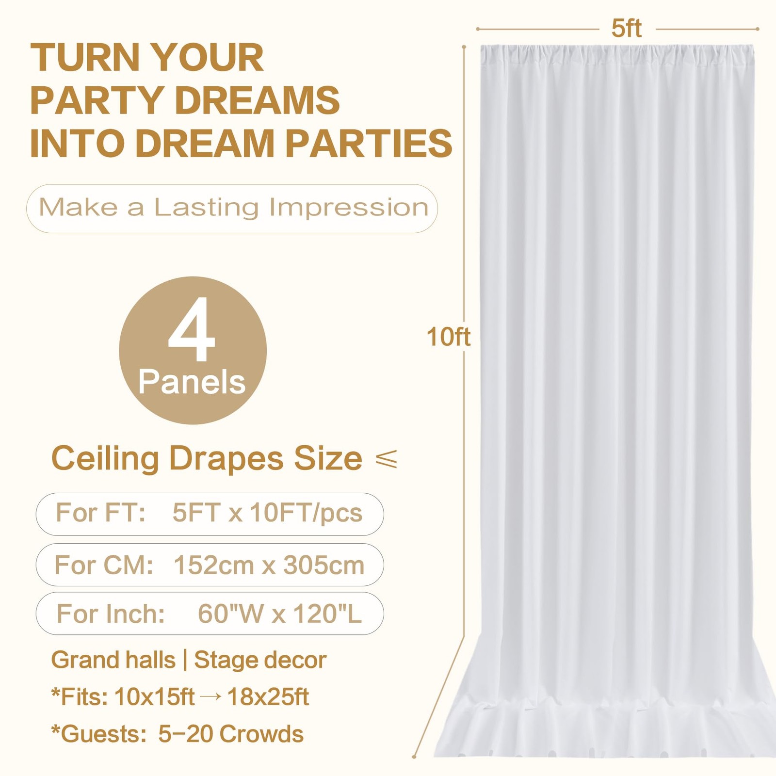 4 PCS 5×10 FT Thick White Non Woven Wrinkle Resistant Event Backdrop Curtains