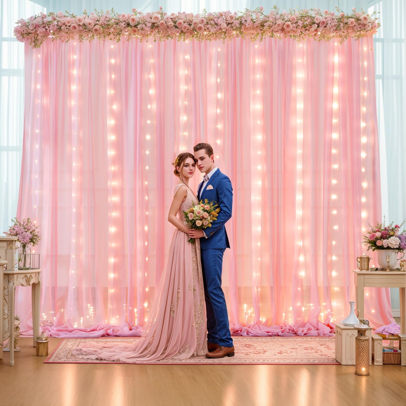 2 Panels 10×10 Ft Baby Pink Backdrop Curtain Lights String Wedding Photo