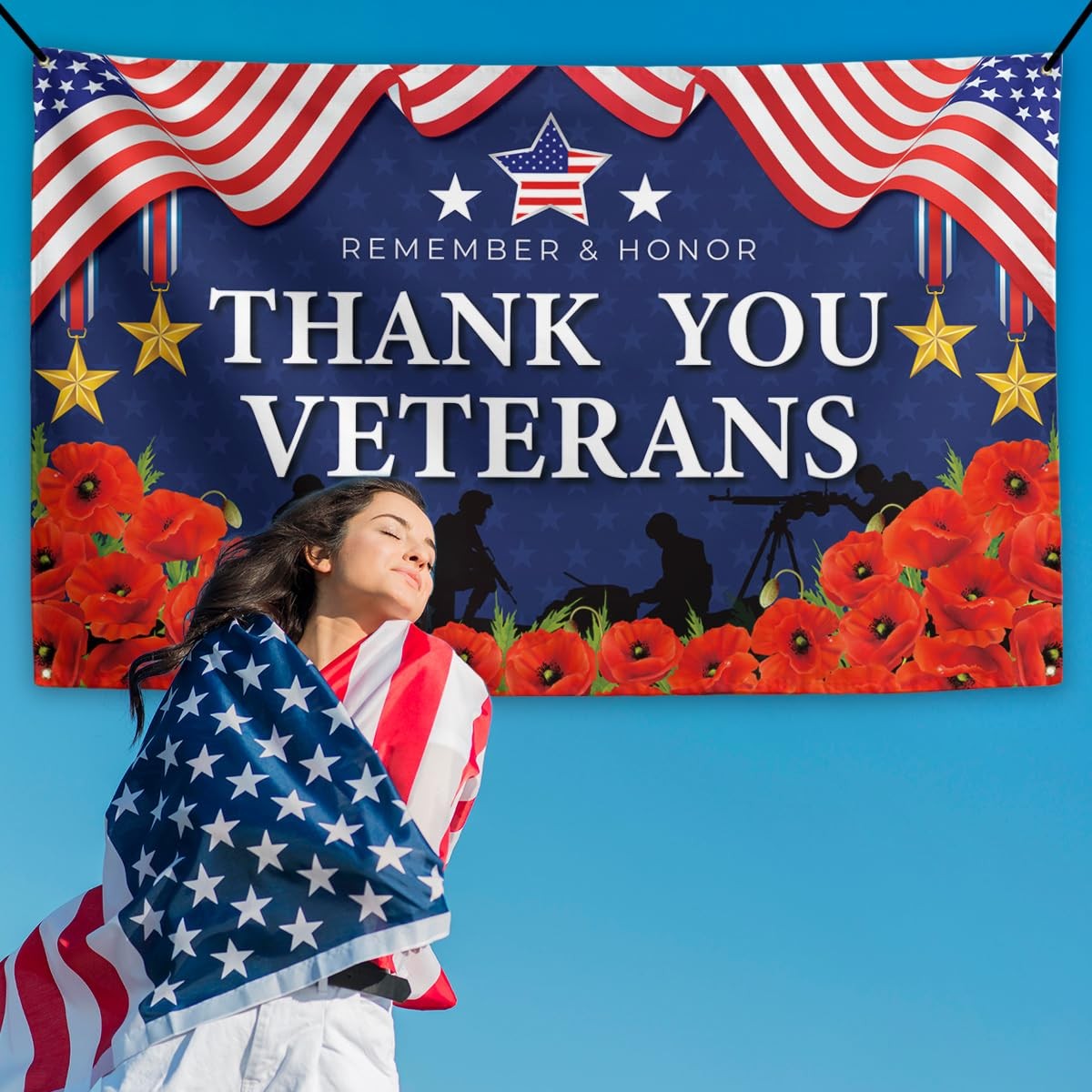 Memorial Day Backdrop 4th of July Banner Thank You Veterans Patriotic Decor Me