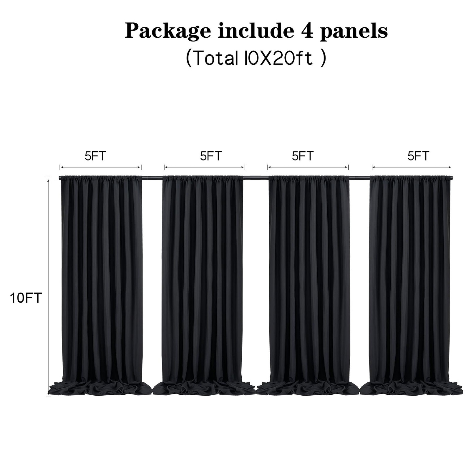 4 Panels 20x10ft Black Backdrop Curtain Polyester Wedding Photo Drapes Set