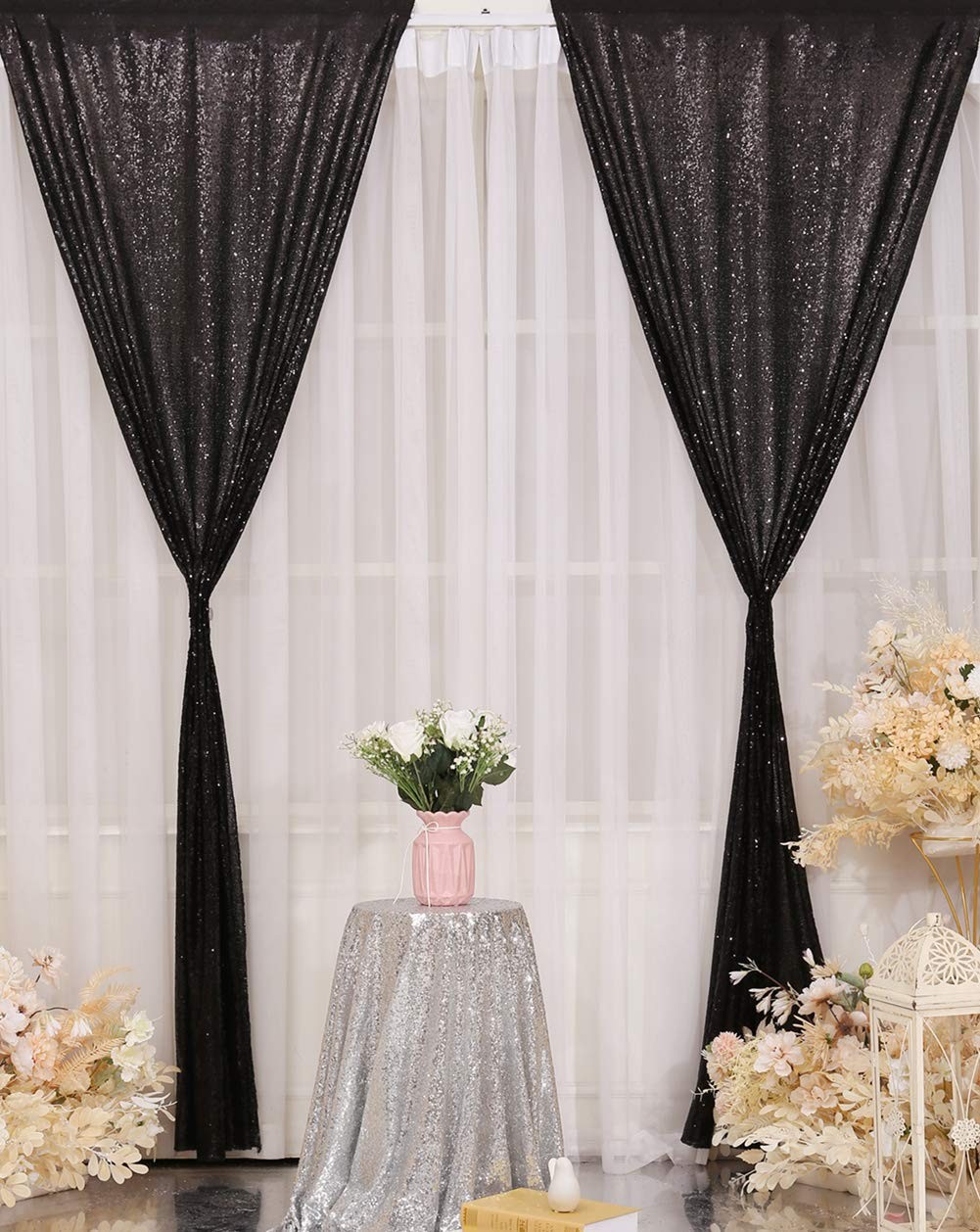 2x8ft Black Sequin Backdrop Curtains Glitter Background Wedding Party 4 PCS