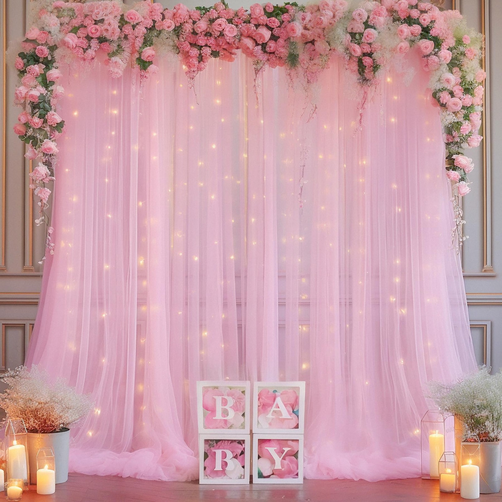 1010ft Pink Tulle Backdrop Curtain With Lights String Sheer Photo Drapes Party