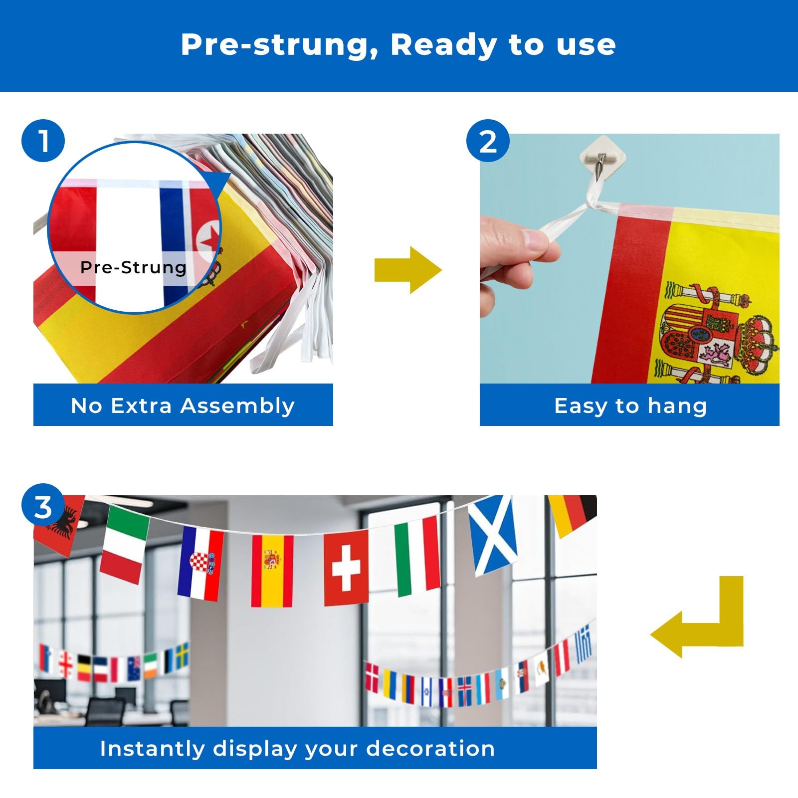 200 Country Flags Banner 190ft, Pre-Strung Reusable Polyester Flags of the Wo…