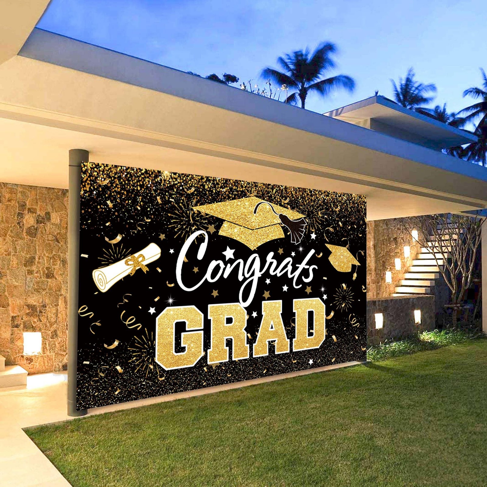 Graduation Party Decorations – Black Gold Congrats Grad Class of 2025 Backdro…