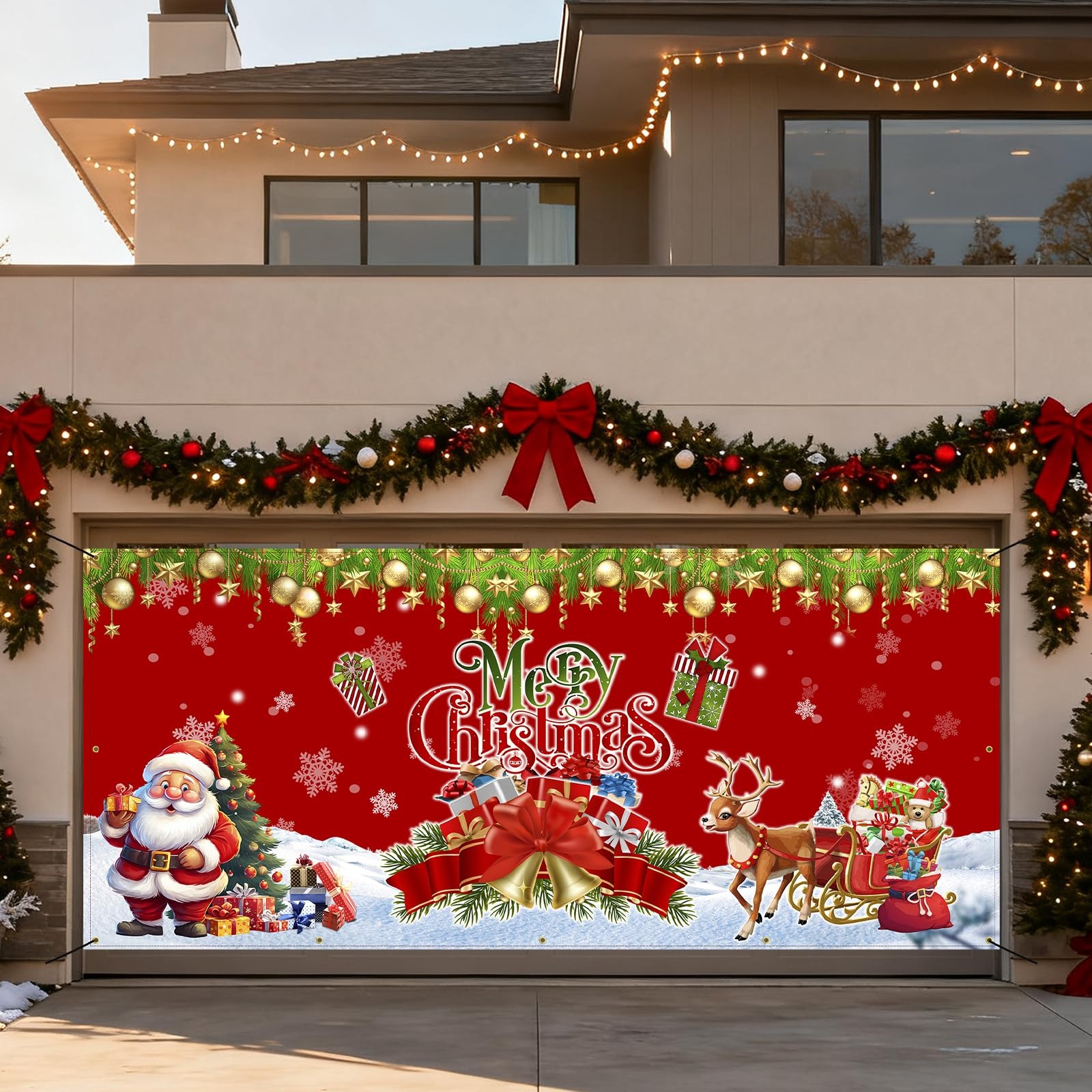 Merry Christmas Garage Door Cover, Large Hanging Backdrop 7 ft x 16 ft, Red