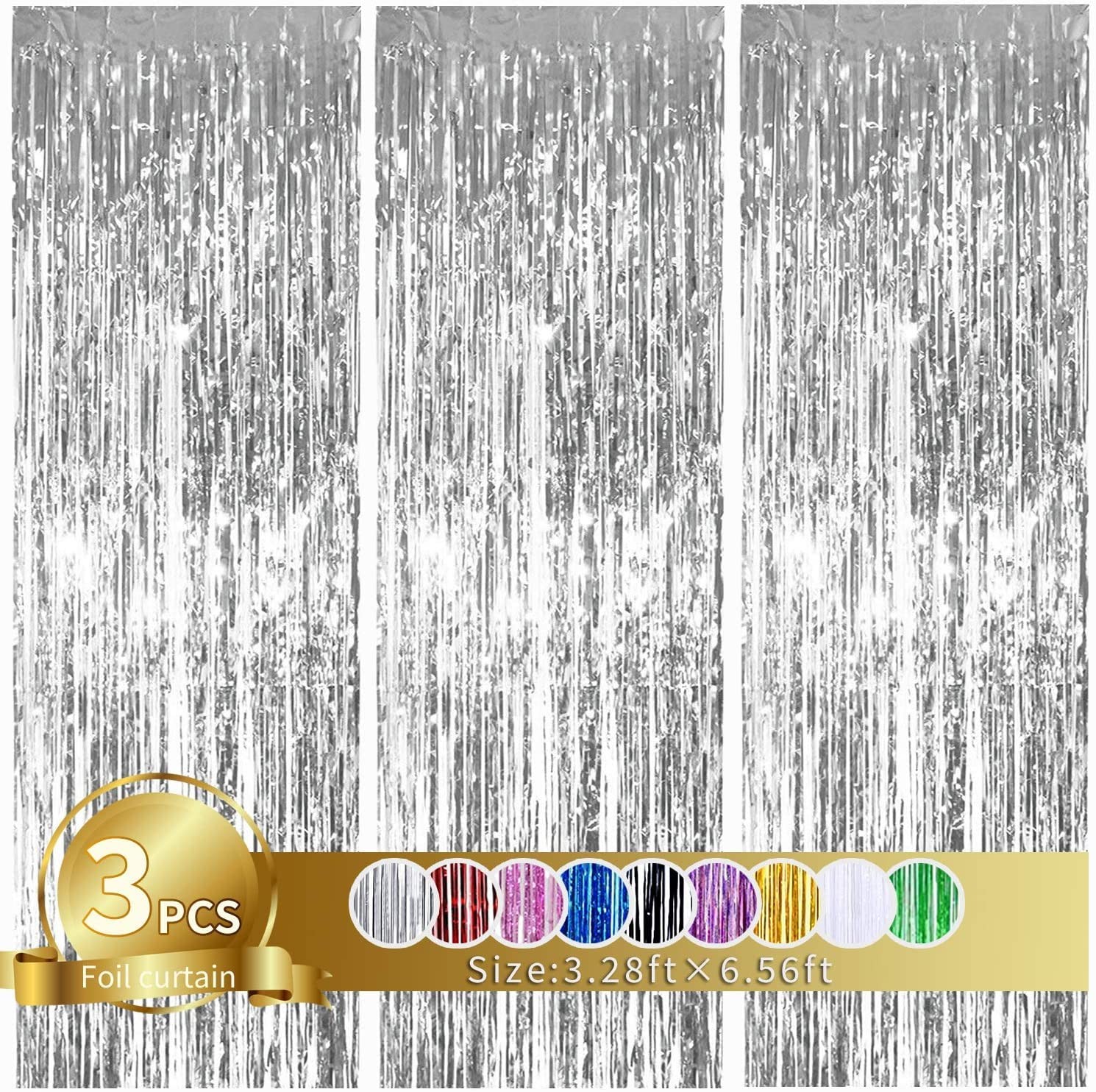 3 PCS Silver Metallic Tinsel Foil Fringe Curtains Photo Booth Backdrop 6.56Ft