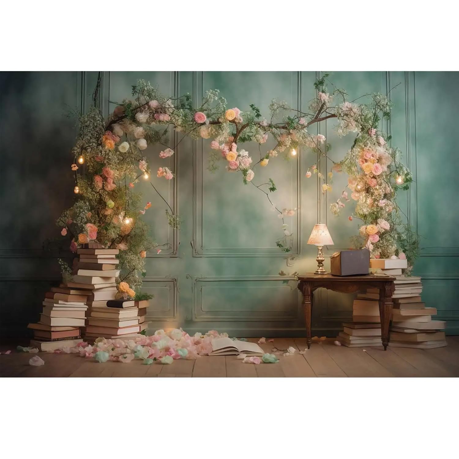 7x5ft Floral Fine Book Art Backdrop Green Wall Bulb Light Pink Photo Studio