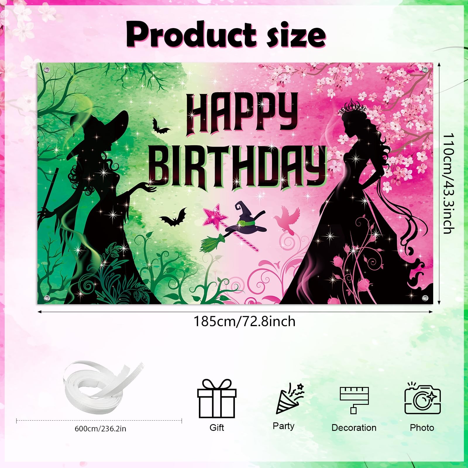 Pink and Green Birthday Backdrop 72.8 inches x 43.3 inches, pink green
