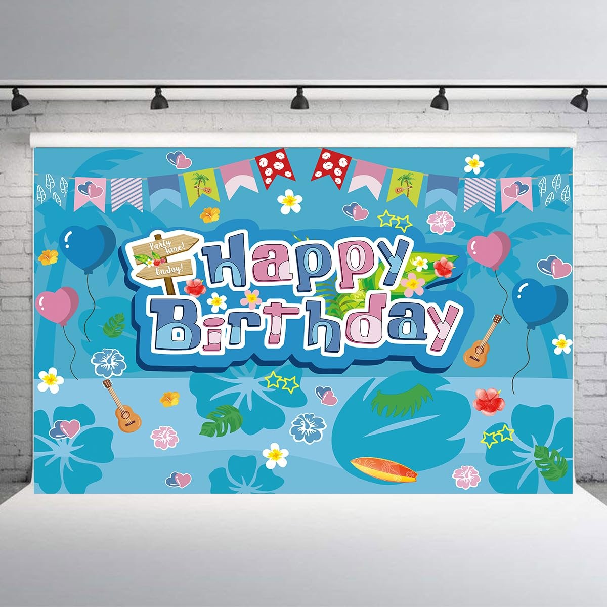 Blue and Pink Cartoon Birthday Party Backdrop, Hawaii Theme with Tropical Flo…