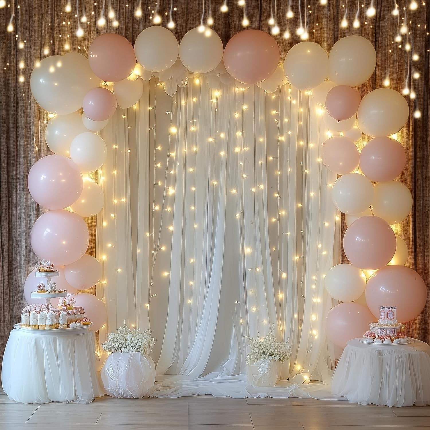 Tulle Backdrop Curtain W/ Lights String 10FT X 10FT Ivory Sheer Tulle Backdrop