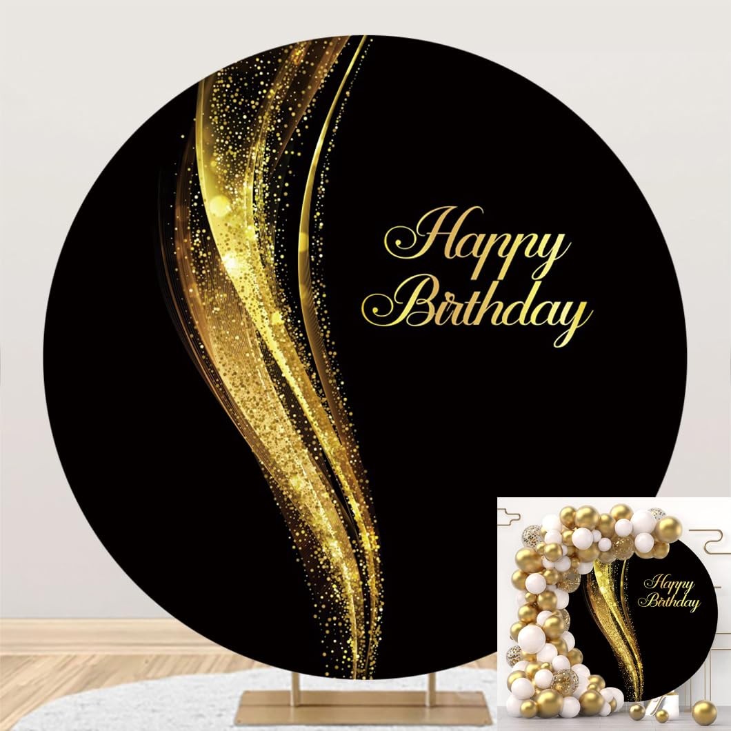 Black and Gold Round Backdrop 7.2ft Shining Fabric Happy Birthday Party Decor