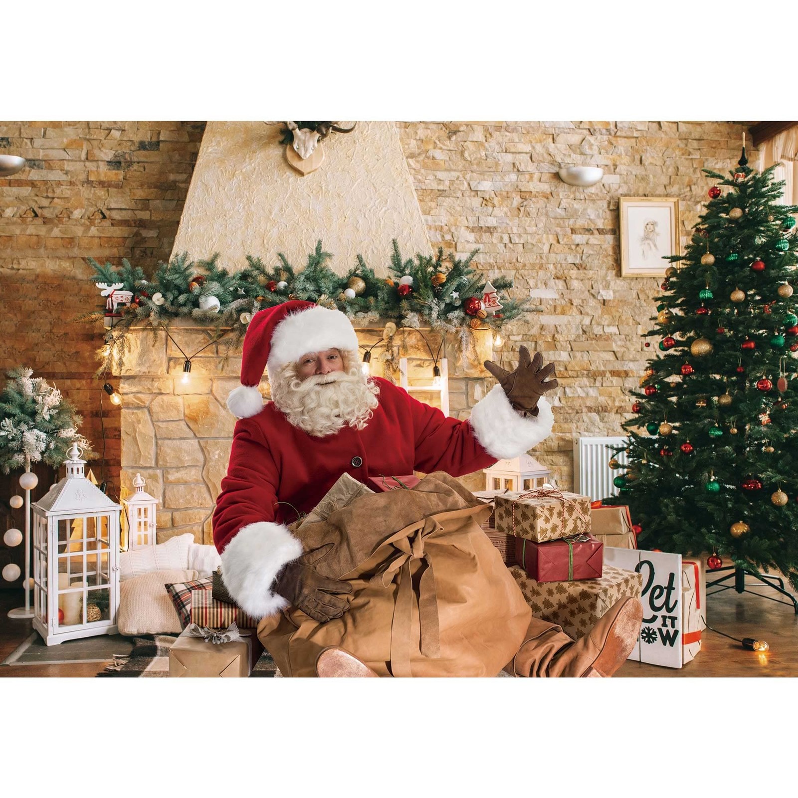 Haboke 7x5ft Christmas Fireplace Theme Backdrop for Photography 7’x5′, white