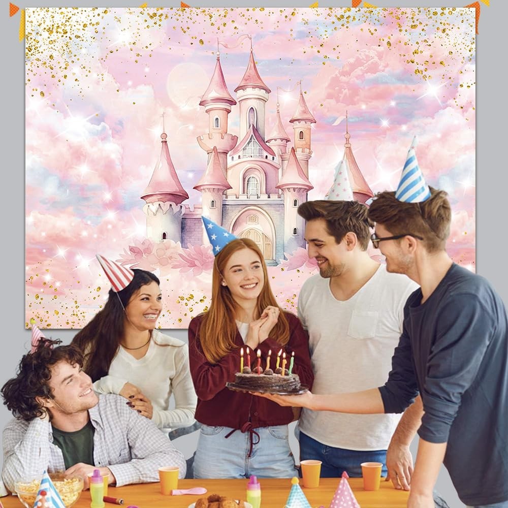 7x5ft Pink Princess Castle Backdrop Girl Birthday Watercolor Pastel Rainbow
