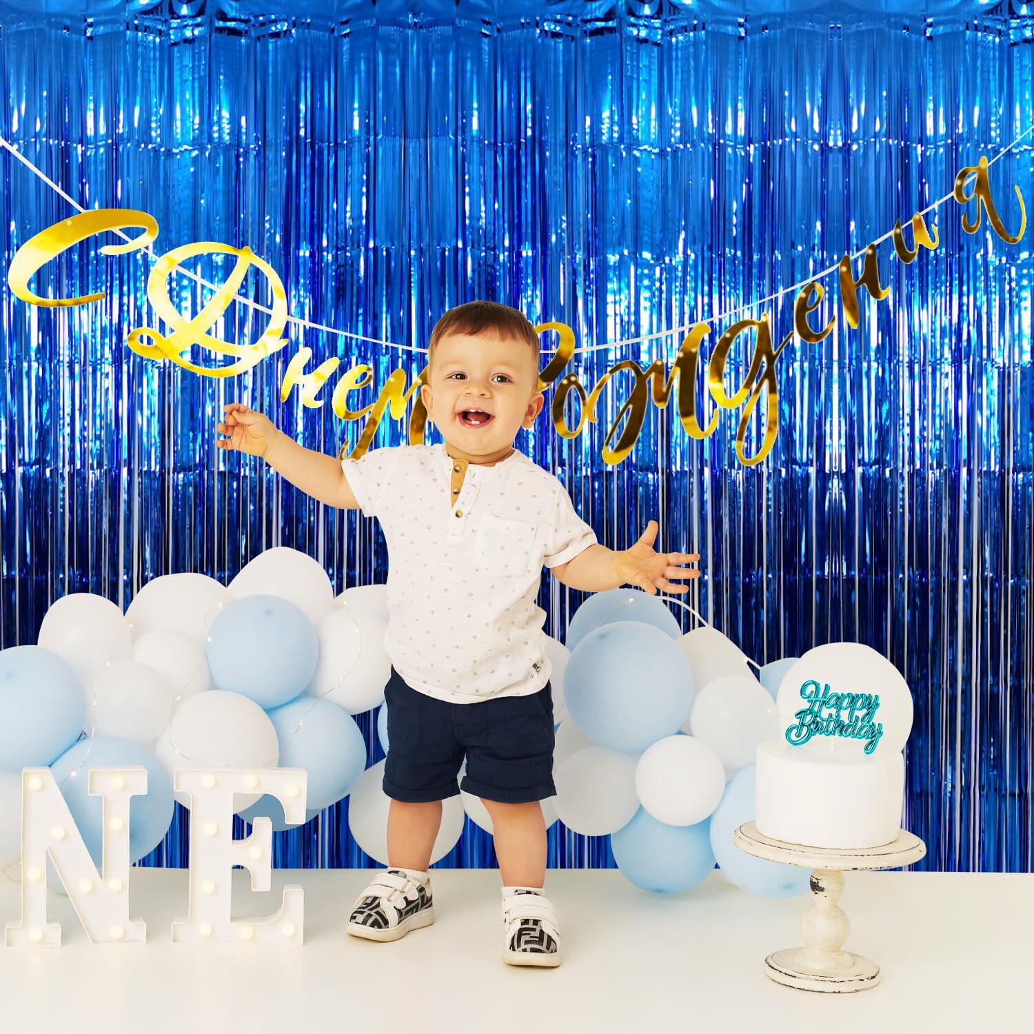 3.2×9.8ft Navy Blue Foil Fringe Curtain Tinsel Backdrop for Party Decoration