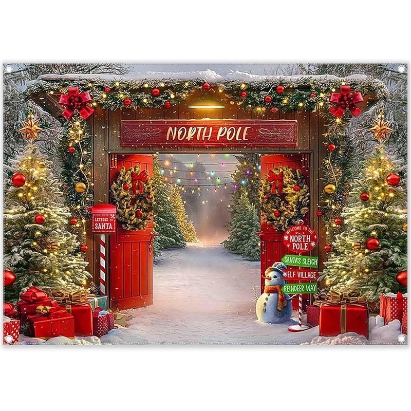 7x5ft Fabric Christmas Backdrop Winter Forest Barn Door Pole Snowy Xmas Tree