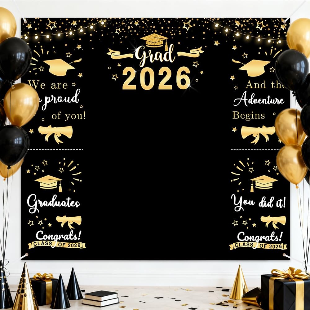 Class of 2026 Graduations Backdrop Black Gold Congrats Party Photo Backgrou