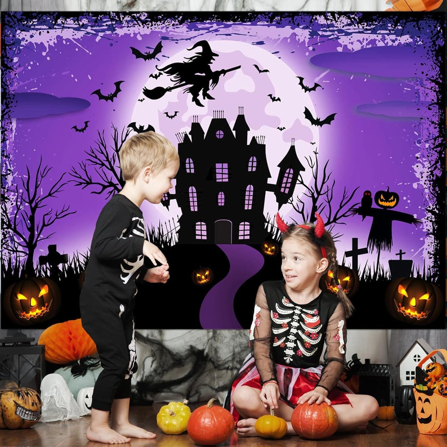 Halloween Backdrop Black Moon Night Halloween Banner Spooky Castle Witch Ghost
