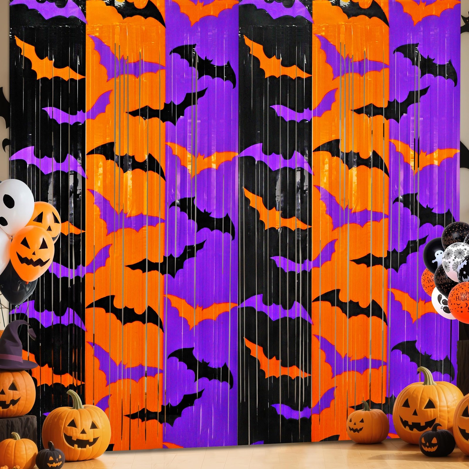 Halloween Decorations – 2 Pack Foil Fringe Curtains, Bat Pattern Backdrop