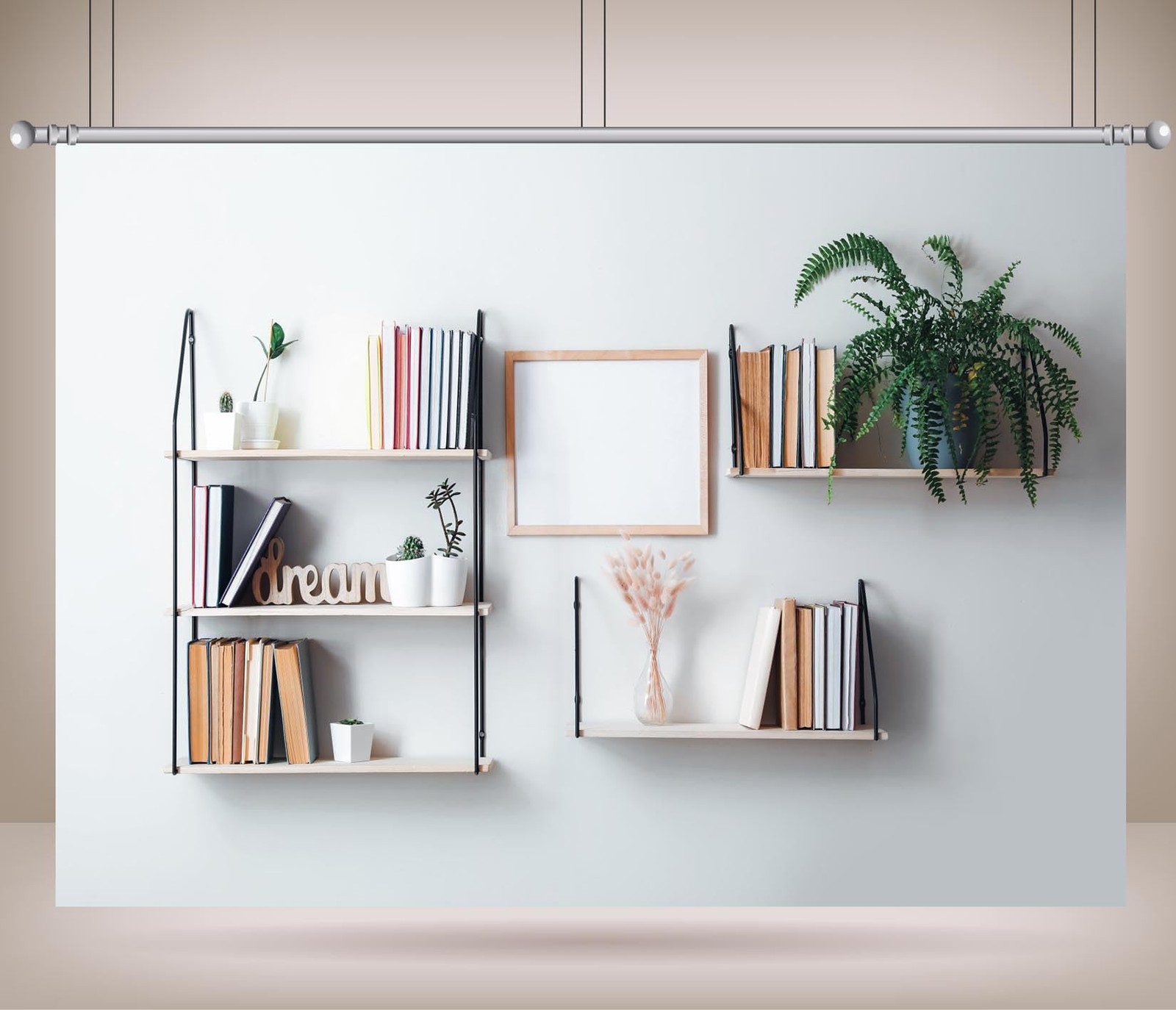 7x5ft Fabric Bookshelf Backdrop Interior Shelves with Books and Decor Hanging…