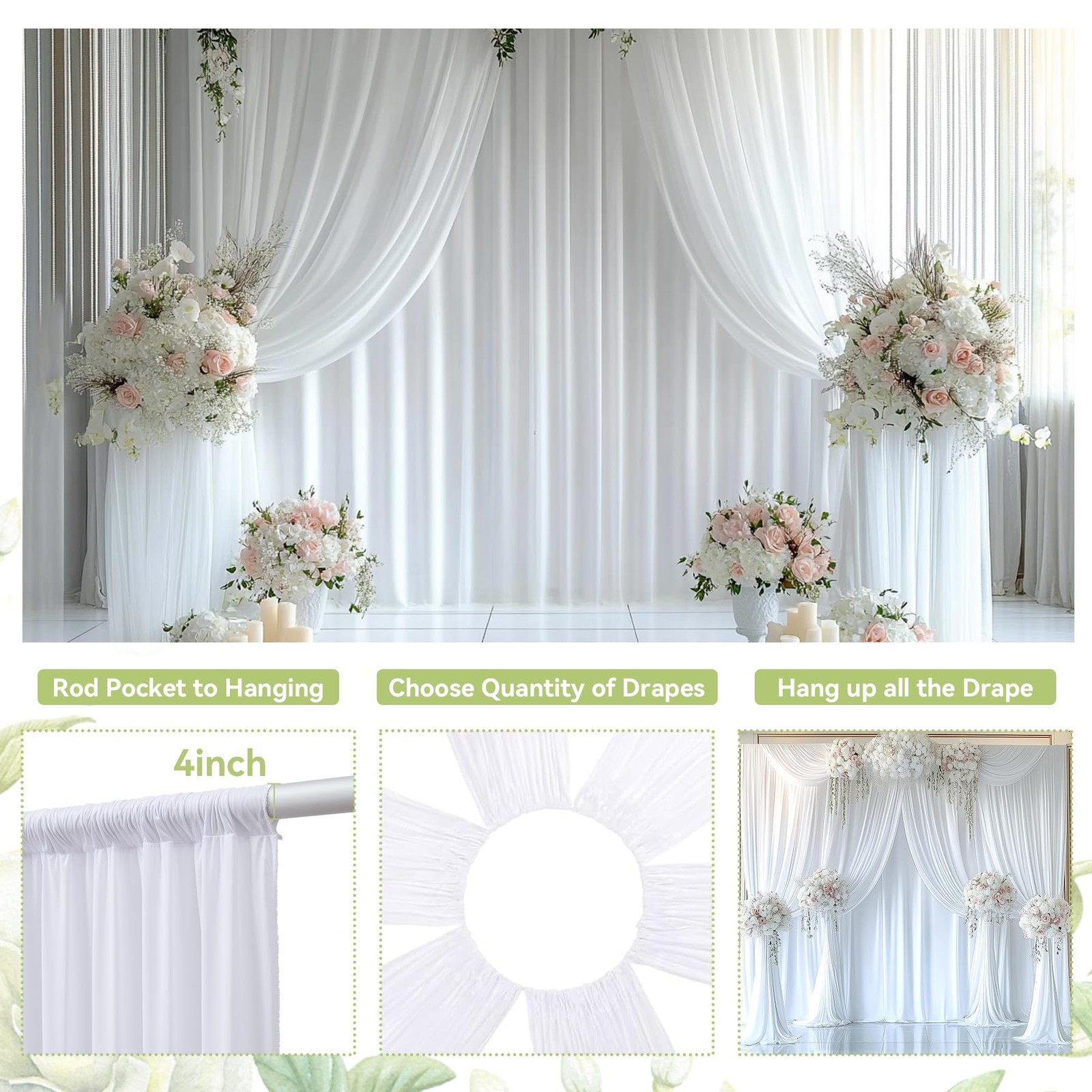 10x12ft White Backdrop Curtain For Wedding 2 PCS Wrinkle Free Photo Drapes