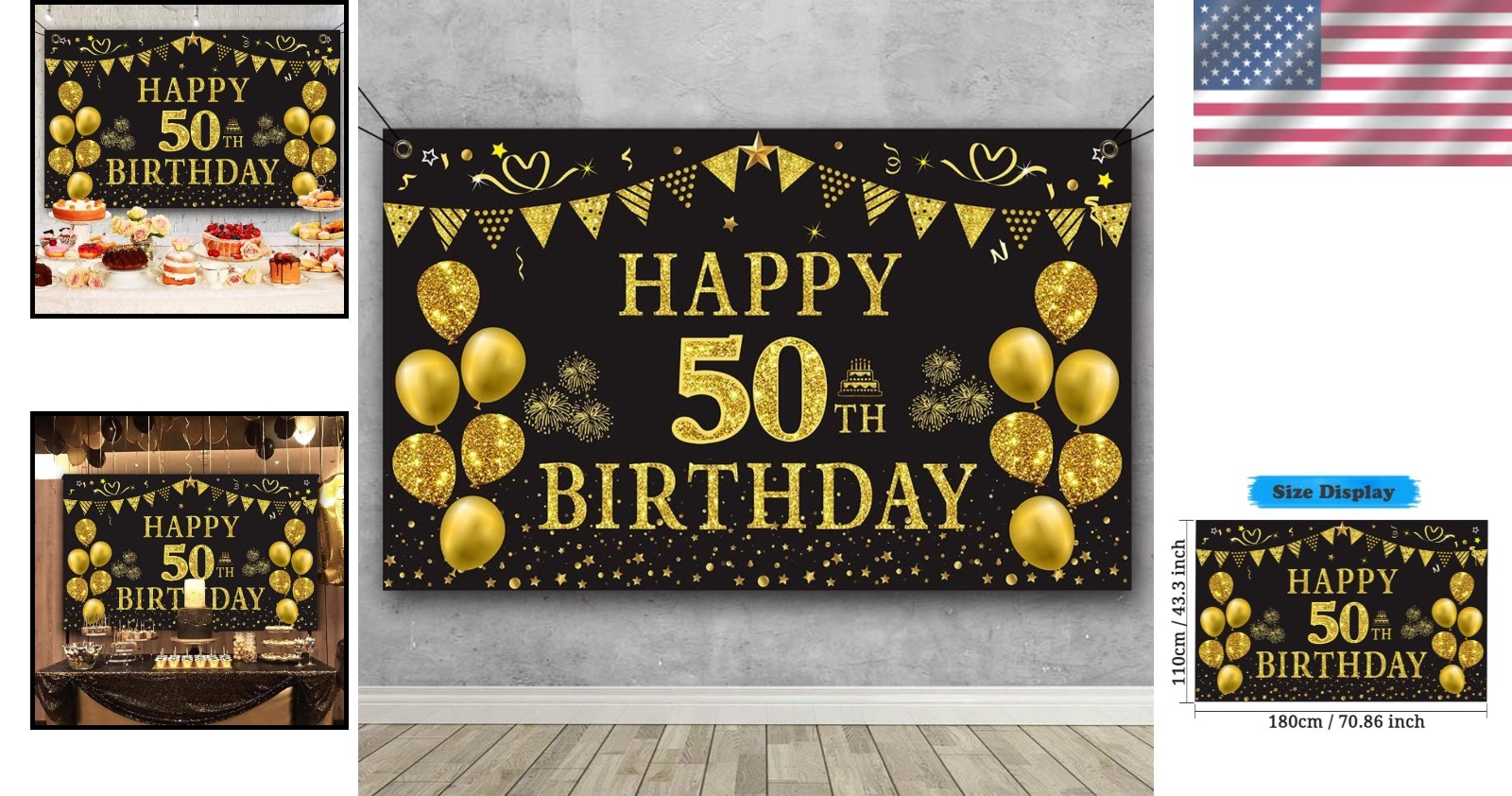 Elegant Gold & Black 50th Birthday Banner – 5.9ft x 3.6ft Photography Backdrop