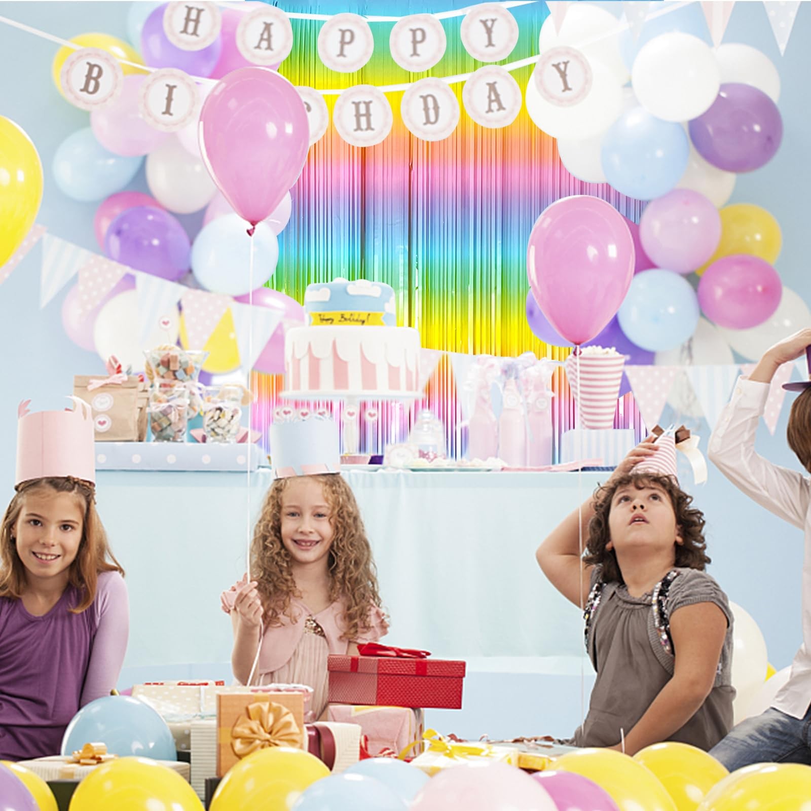 3 Pack Backdrop Pastel Rainbow Foil Fringe Backdrop Curtains Dance Party Deco…