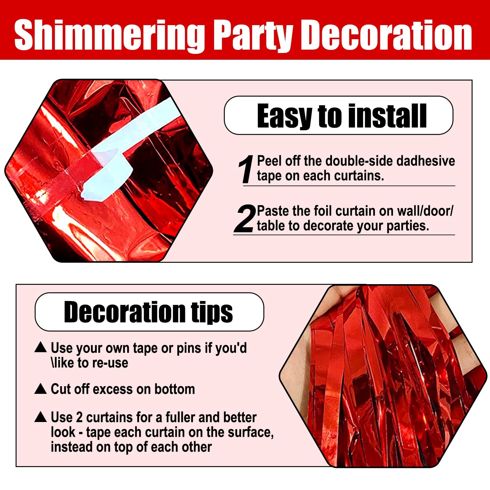 Red Metallic Tinsel Foil Fringe Curtains Party Photo Backdrop 8.2ft 3 PK