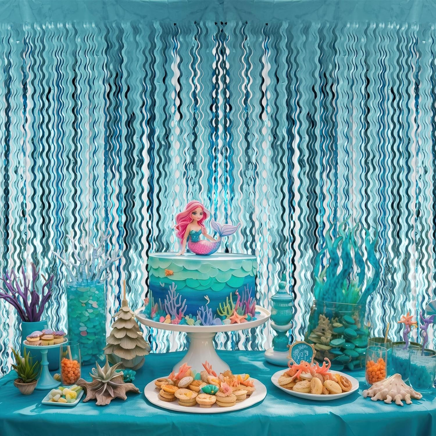 2 PCS 6.4×6.5 Ft Metallic Tinsel Foil Fringe Curtain Party Wavy Light Blue