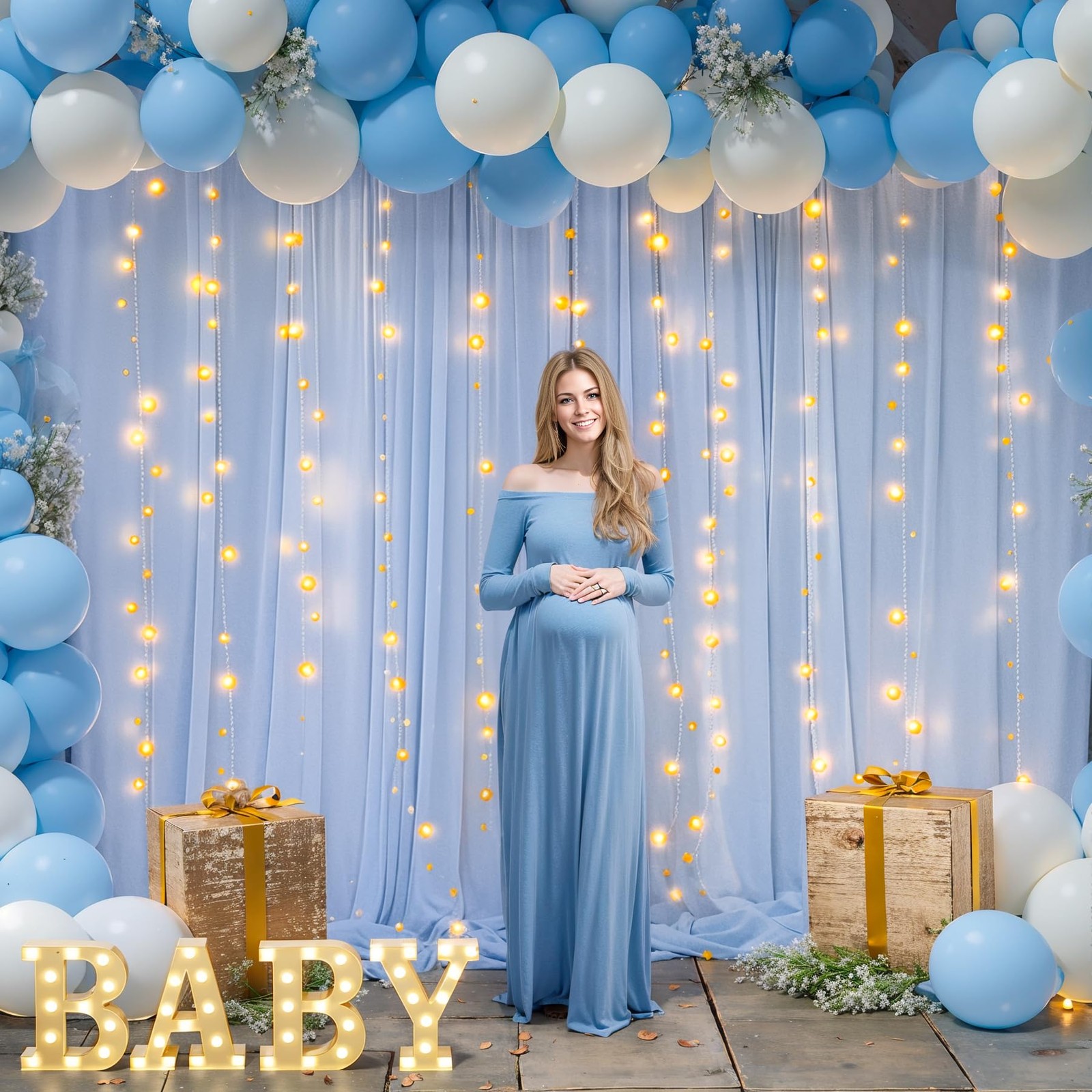 10 x 10 Ft Baby Blue Chiffon Backdrop Curtain Lights String Wedding Photo