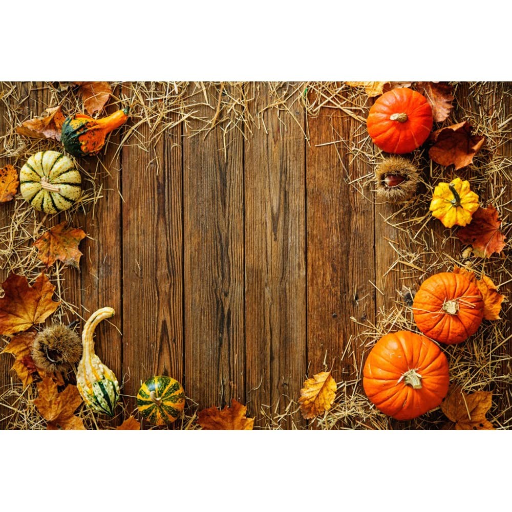 7x5ft Fall Harvest Backdrop Brown Grunge Wood Board Pumpkins Dry Hay Leaves