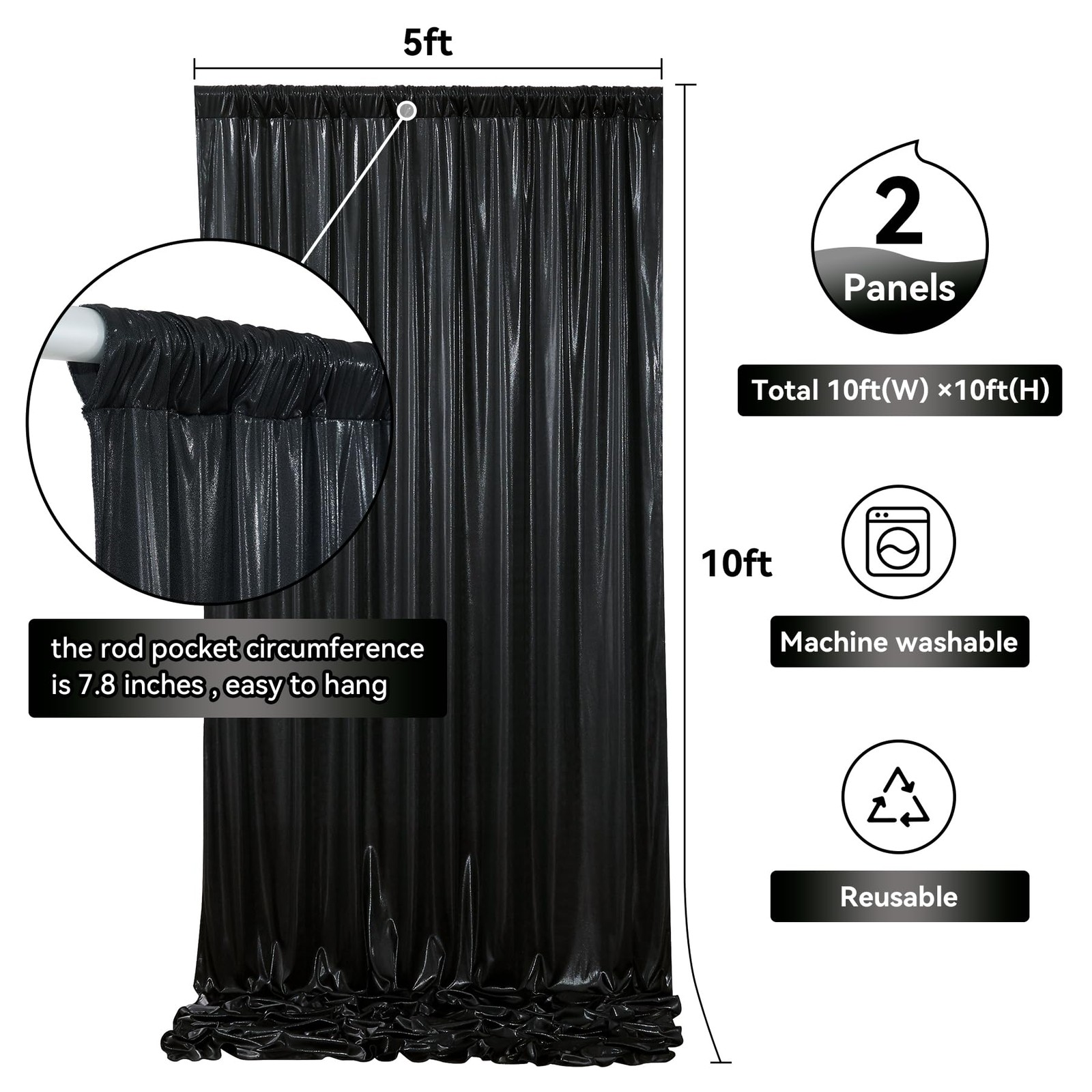 10×10 ft Black Sequin Backdrop Curtain Panels for Parties, Free Glitter Photo…