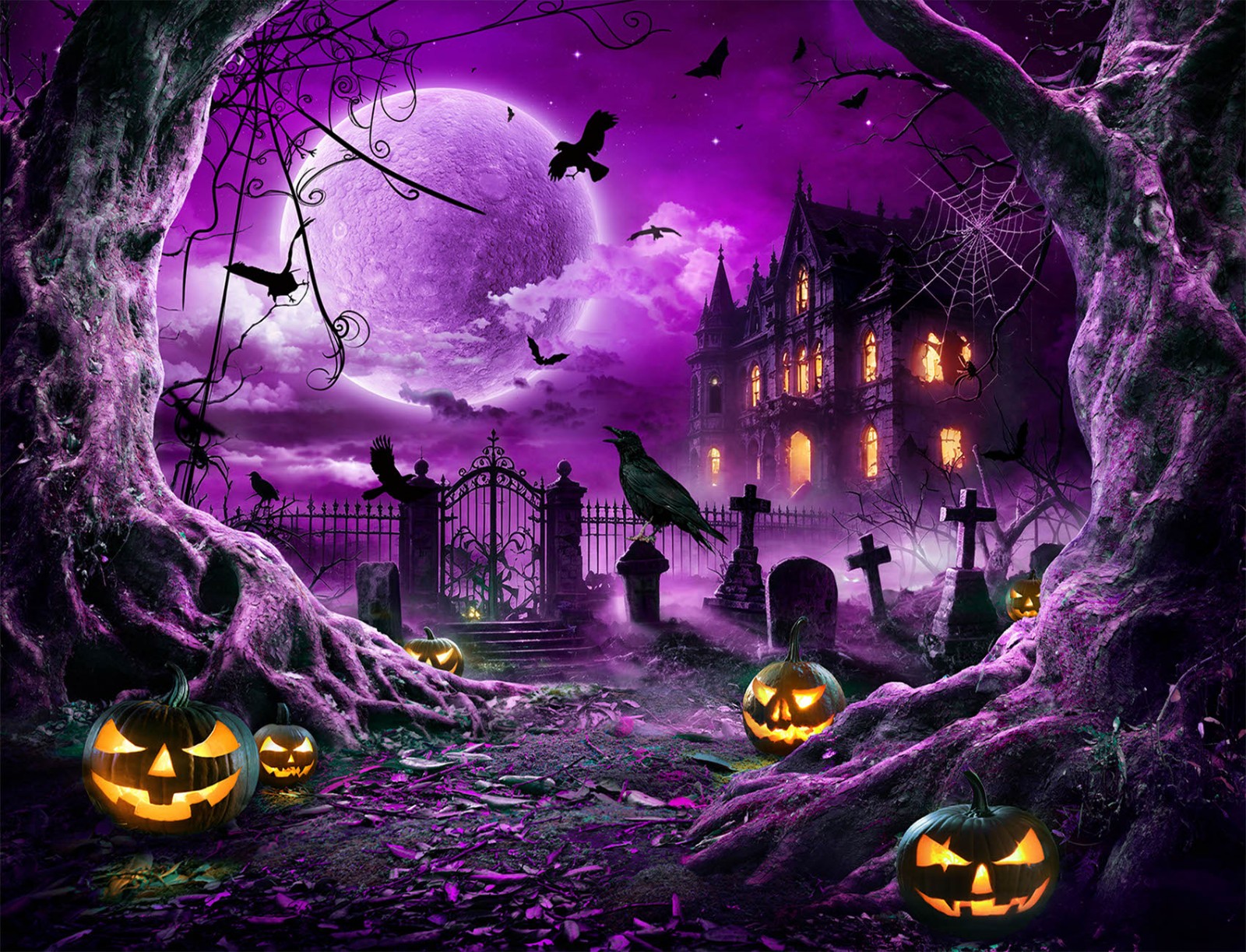10x8ft Spooky Halloween Backdrop Spider Web Cemetery Background for Photography