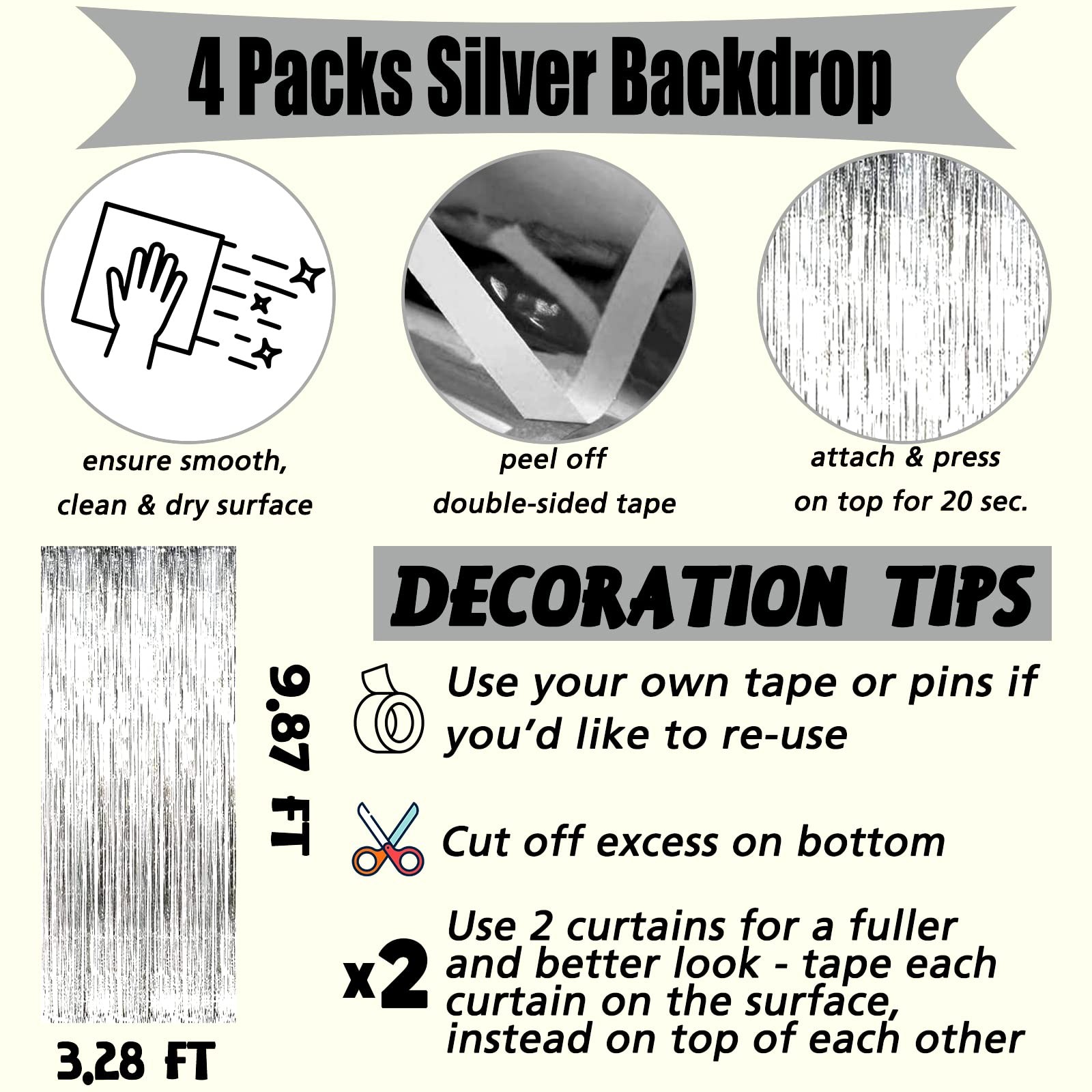 4 PCS 3.2×9.8Ft Silver Fringe Curtain Backdrop Metallic Tinsel Streamer