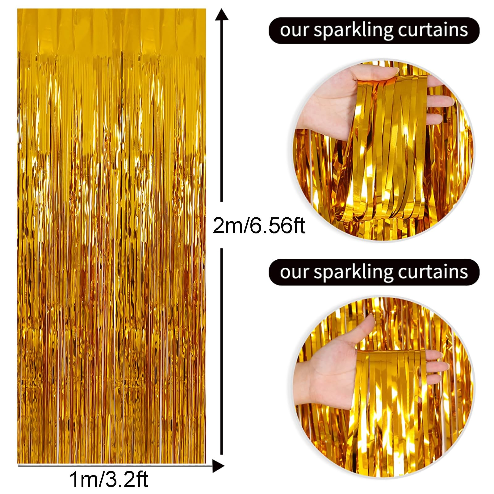 2 PCS Gold Tinsel Foil Fringe Curtain Photo Streamer Backdrop 3.28×6.56 FT