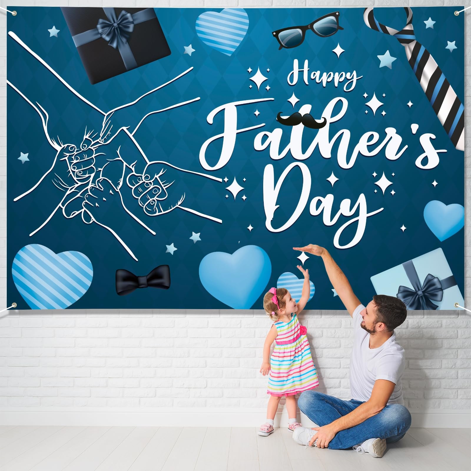 Happy Fathers Day Banner Decorations 72″ x 48″ Fathers Day Backdrop Hand in Hand