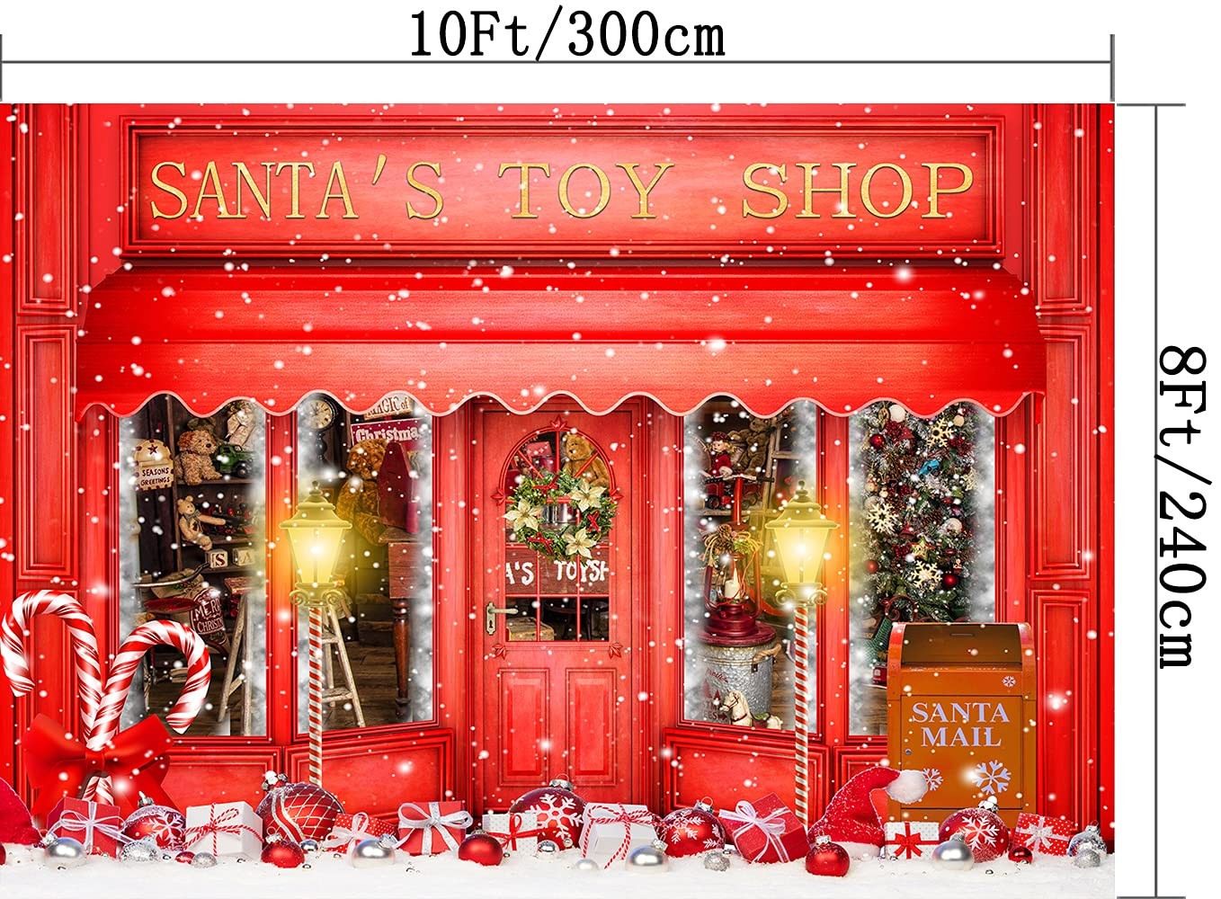 DePhoto Red Christmas Photo Backdrop Santa’s Toy Shop Candy Cane 10’X8′,
