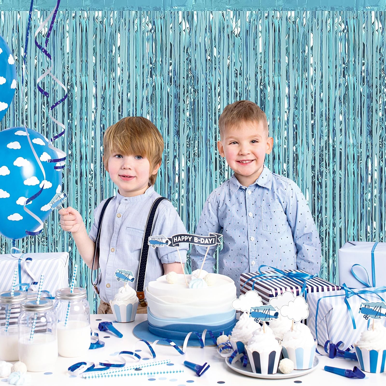 30 PCS 3.3×8.2 FT Light Blue Foil Fringe Curtain Backdrop Tinsel Streamer Prop