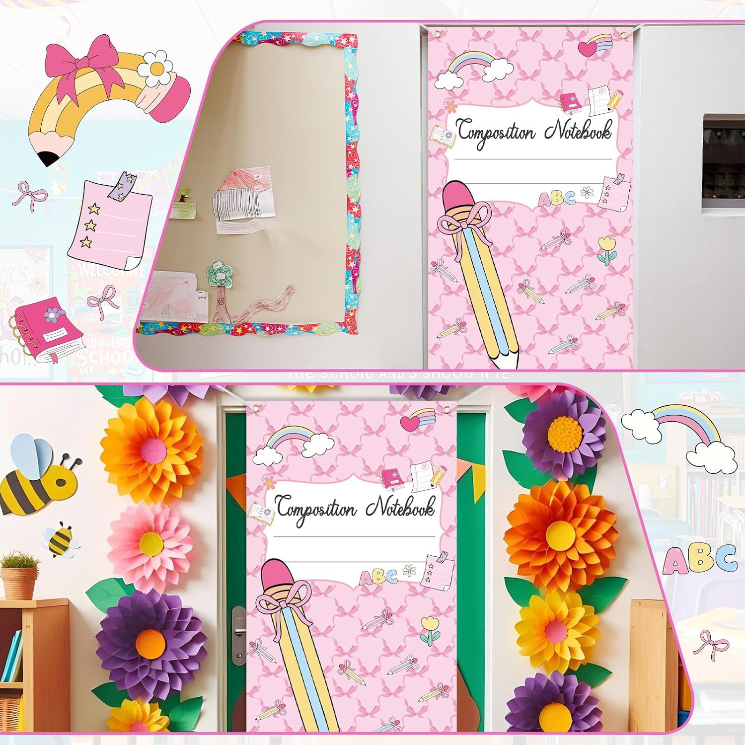 Back to School Door Cover, 5.5 X 2.7 Ft Classroom Banner | Composition Notebook