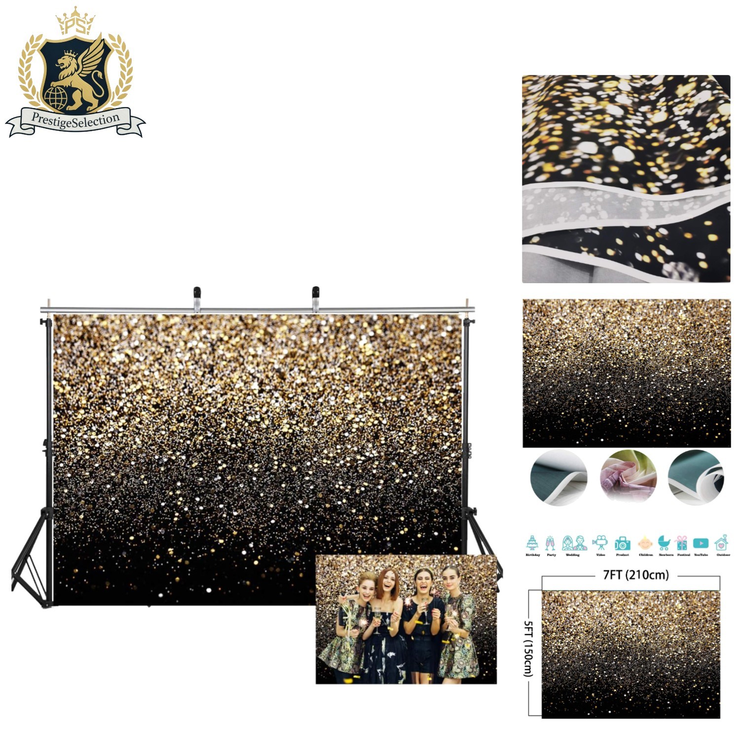 Versatile 7x5ft Black and Gold Sprinkle Backdrop – Perfect for Any Celebration