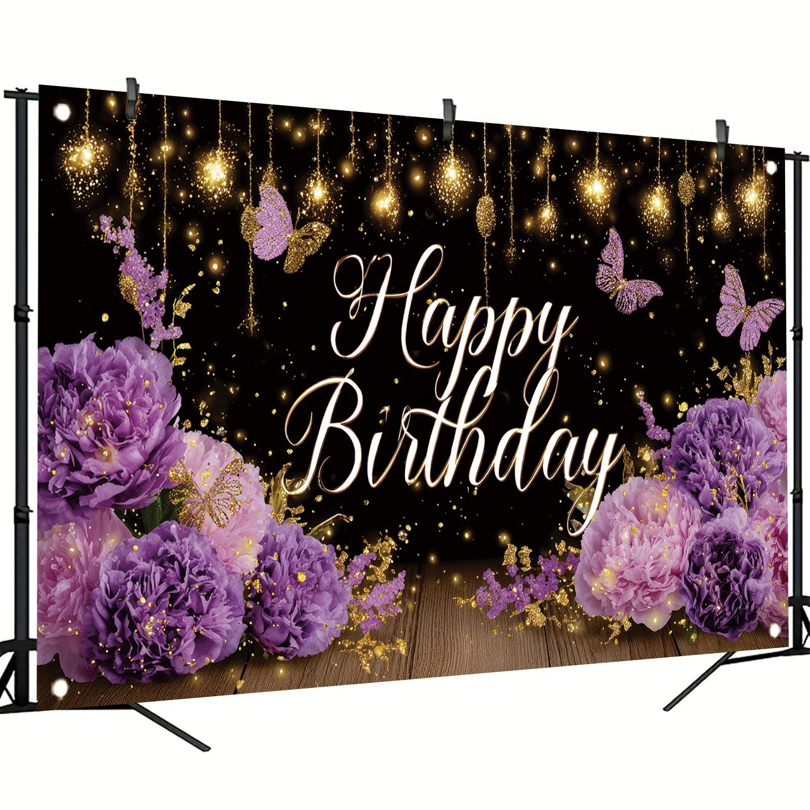 Purple Happy Birthday Backdrop 71 x 43 Inch Floral Butterfly Gold Glitter Photog