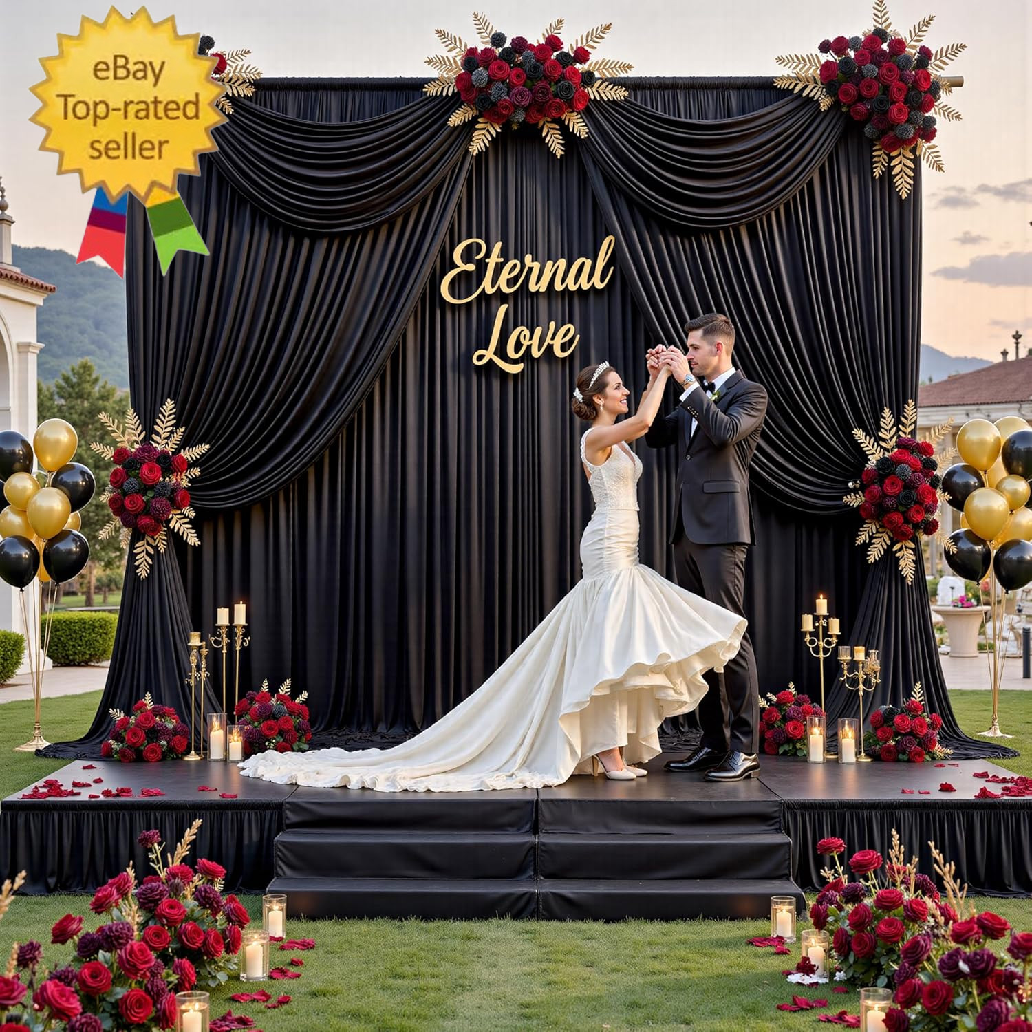 40 Ft X 10 Ft Wrinkle Free Black Backdrop Curtain for Parties, 8 Panels 10Ft Pol