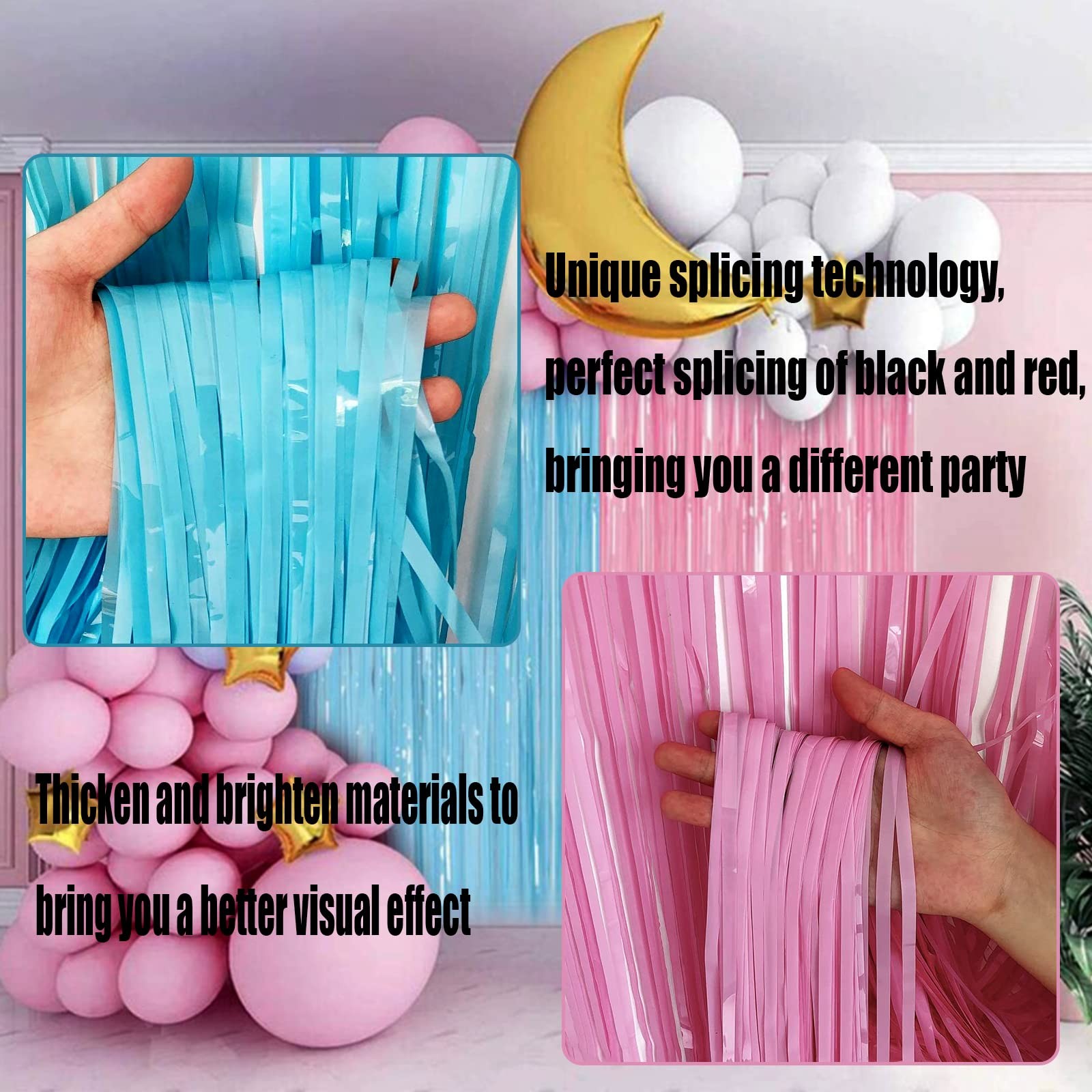 Macaron Pink Blue Metallic Foil Fringe Curtains Gender Reveal Backdrop 4PK