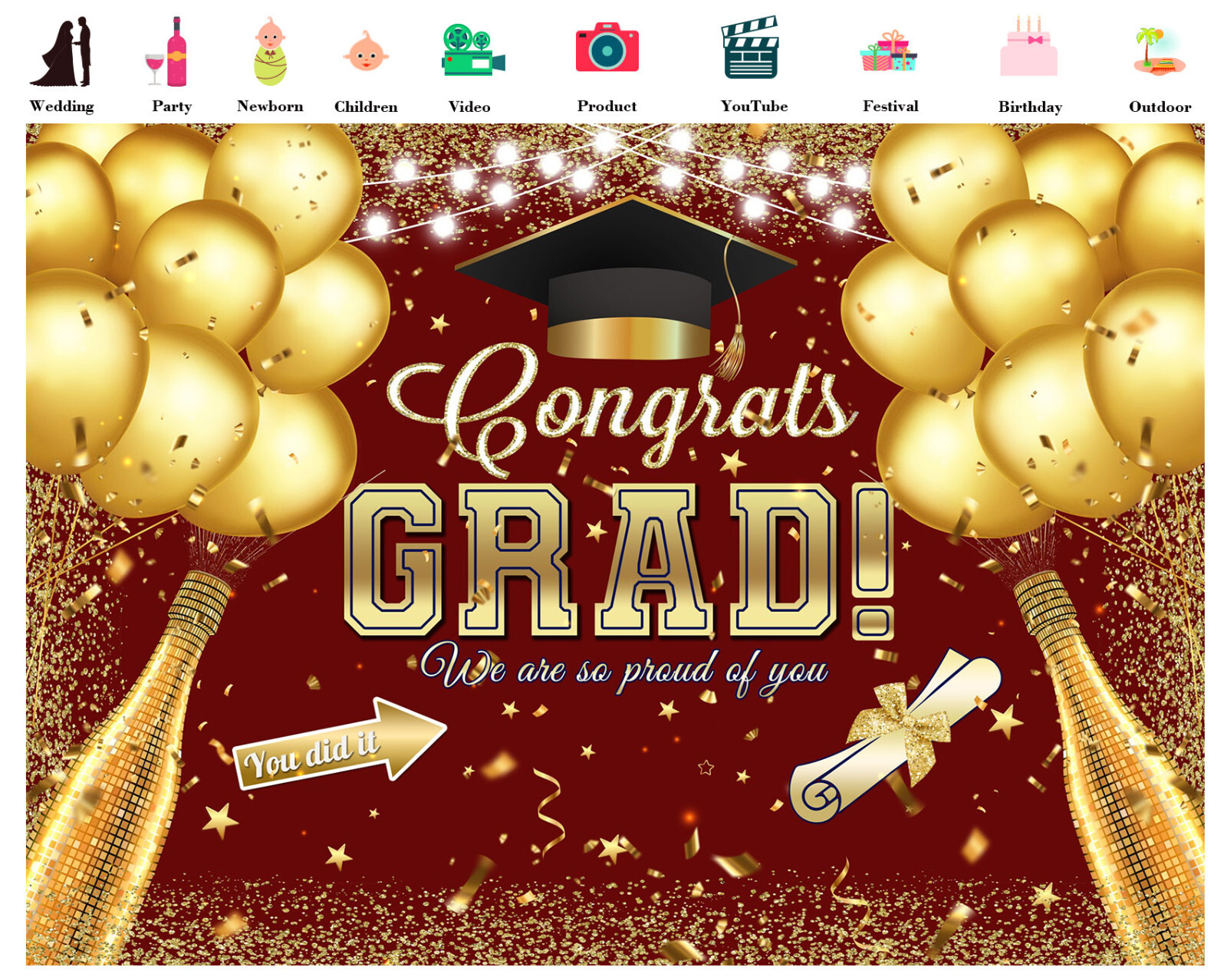 10x8ft Gold Balloon Happy Graduation Party Red Photo Background Studio Props