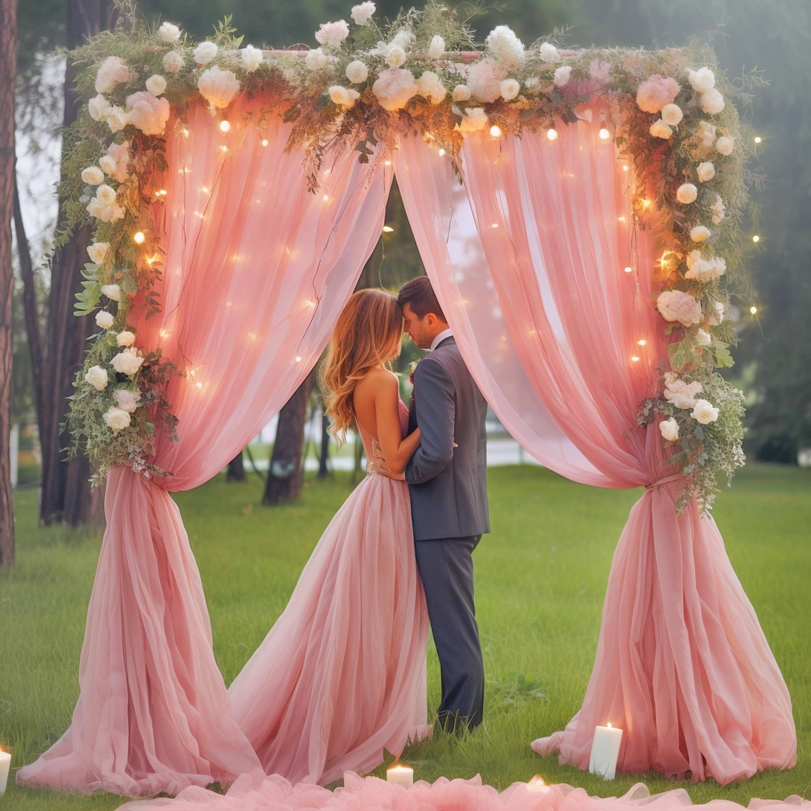 108FT Dusty Rose Tulle Sheer Backdrop Curtains String Lights Wedding Photo
