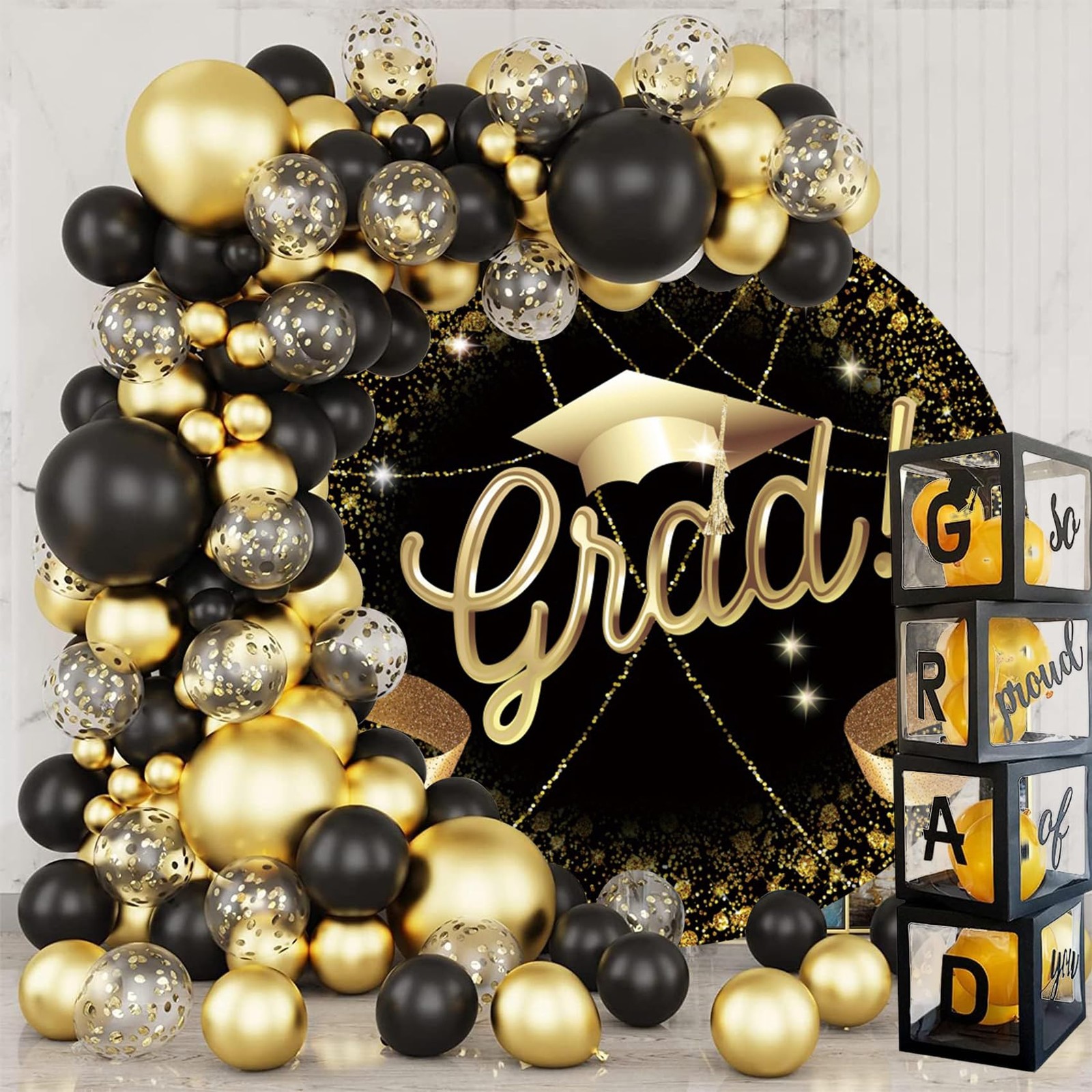 Renaiss 7.5×7.5ft Grad Cap Round Backdrop Covers Glittering Golden Ribbon Bla…
