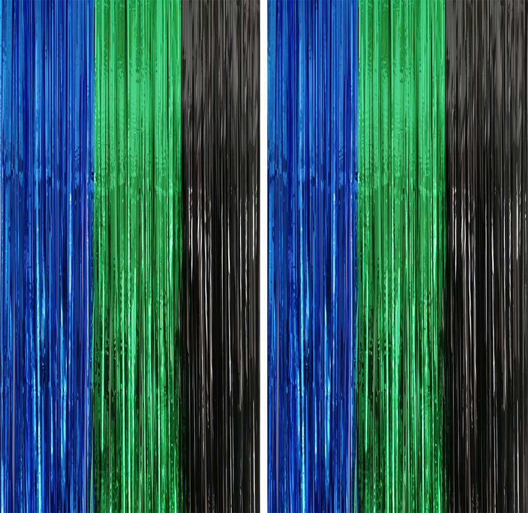 3.3×6.6 Ft Blue Green Black Metallic Tinsel Foil Fringe Backdrop Streamers 2 PCS