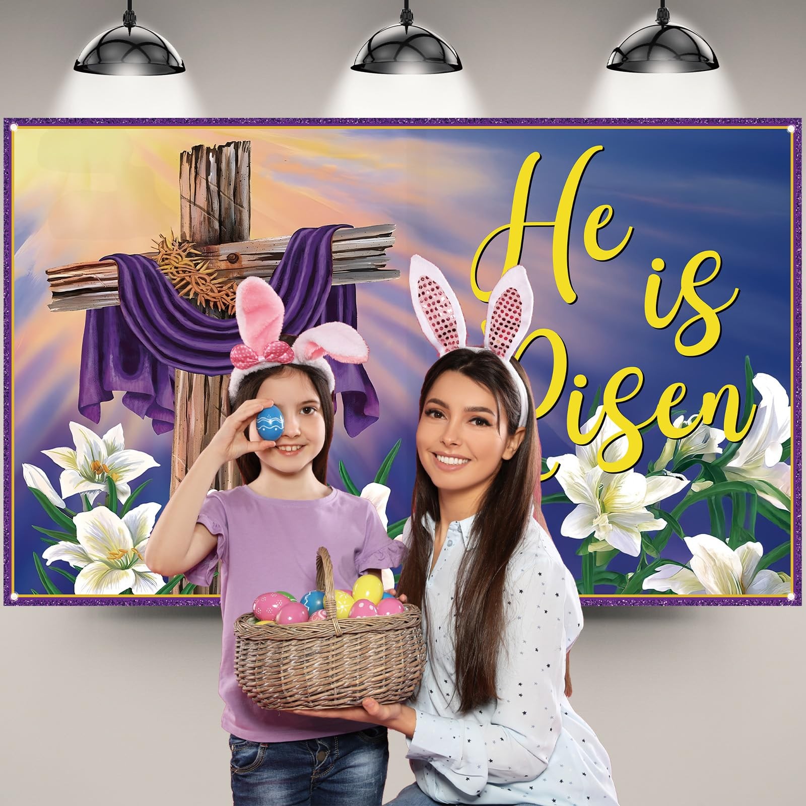 He is Risen Backdrop for Photography Lily Cross 71 inches x 43 inches, Purple