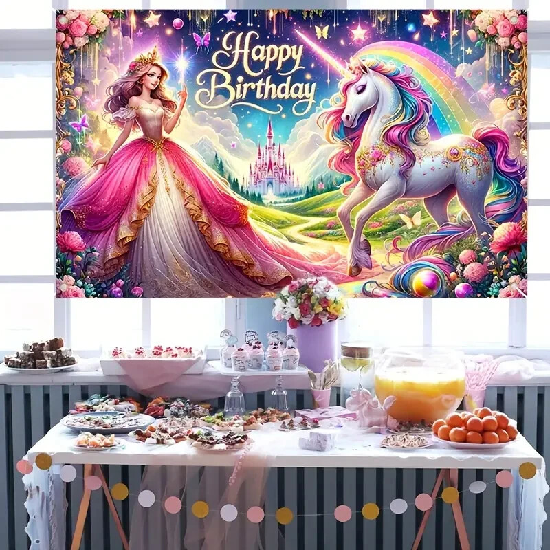 1pc, Princess-themed Castle Birthday Banner, Unicorn-themed Birthday Backdrop